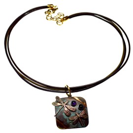 Elaine Coyne Classic Dragonfly Pendant on Tri Rawhide Necklace, USA Made, Amethyst, Onyx