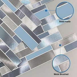 MOFIT Metallic Backsplash Tile for Kitchen Peel and Stick Subway,Metal Backsplash for Stove Fireplace Heat Resistant Brick Self-Adhesive Wall Tiles(5sheets,Blue