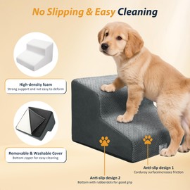 Dog Steps for Sofa/Bed, 30D High-Density Foam Dog Stairs with Washable Cover & Non-Slip Bottom, 2-Step Pet Stairs for Small Dogs & Cats, Comfortable Gentle Slope Design, 30x40x40cm, Grey