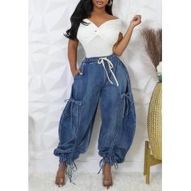 NRTHYE Women Baggy Cargo Jeans Joggers Drawstring High Waist Loose Harem Wide Leg Denim Pants Sweatpants with Pockets