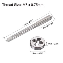 TOP-VIGOR M7 x 0.75mm Metric Tap and Die Set, Right Hand Machine Thread Tap with Round Threading Die for Making or Repairing Threads on Iron, Copper, Steel and Other Metal Materials