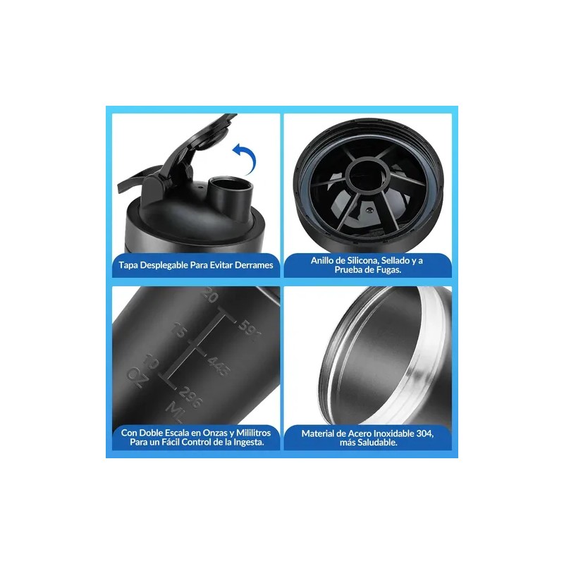 Shaker de Proteína HomeChi 700ml Acero Inoxidable Negro con Compartimento