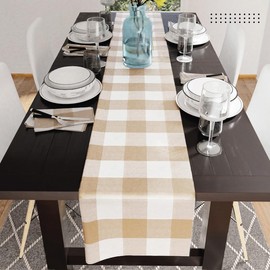 Encasa XO Cotton Table Runner 8 seater | Size 32x230 cm | Buffalo Beige Checks - Machine Washable & Durable