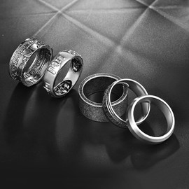 Cloyo 5 pcs Vintage Ring Stainless Steel Skull Rings Simple Silver Rings Punk Biker Ring Men's Friendship Rings Matte Beveled Edge Size 54 to 67, Stainless Steel