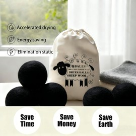 6 Pack Wool Dryer Balls, Black, 2.75 in/7 cm