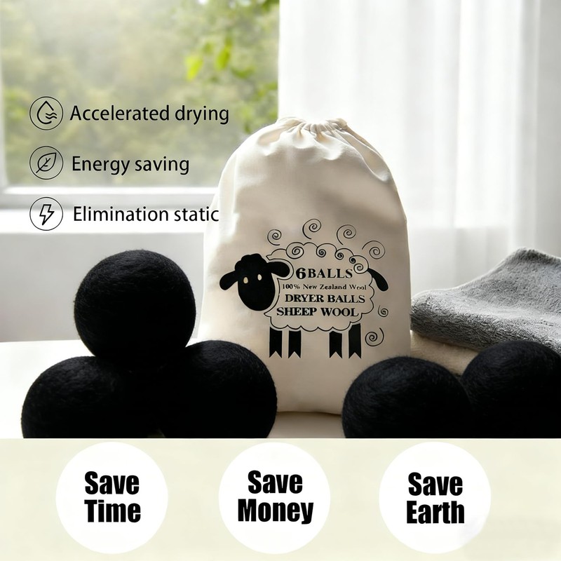 6 Pack Wool Dryer Balls, Black, 2.75 in/7 cm