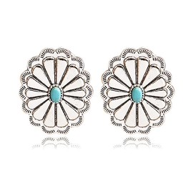 QLYOVWE Bohemian Western Natural Turquoise Geometric Flower Drop Dangle Earrings Statement Cowgirl Ethnic Boho Earrings Ethnic Teardrop Stud Earrings or Women Girls (Silver Green Oval)