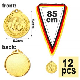 GEBETTER Pack of 12 Football Medals Children's Birthday Metal Gold Medals with Black Red Gold Ribbon for Boys Girls Children Adults as Party Bags