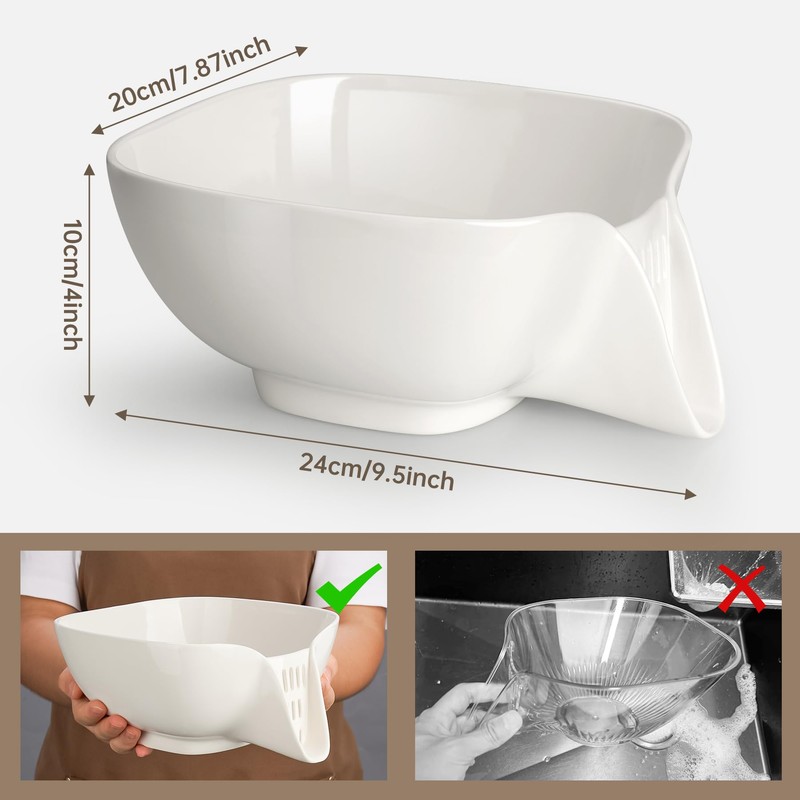 NiHome Multifunctional Ceramic Food Strainer with Integrated Drain Spout, Large