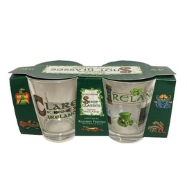 Killarney Printing Glass Set of 2 Shot Glasses Clare and Ireland Green Inscription Design Celtic Ornament Holiday Family Friends Party Festivity Kitchenware Bar Item Souvenir Present Housewarming Gift