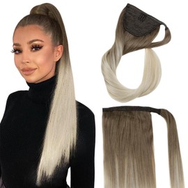 fshine Ponytail Extensions Human Hair 14 Inch 70g Clip in Ponytail Human Hair Extensions Light Brown to Platinum Blonde Ombre Wrap Around Straight for Women