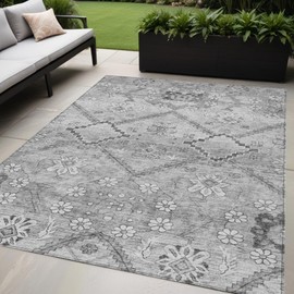 HomeRoots 5' X 8' Gray Charcoal and Silver Floral Washable Indoor Outdoor Area Rug