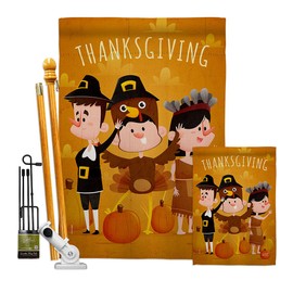 Angeleno Heritage Pilgrims Thanksgiving Garden House Flag Kit Fall Turkey Give Thanks Gobble Pumpkin Season Autumntime Cornucopia Decoration Banner Small Yard Gift Double-Sided, Made in USA