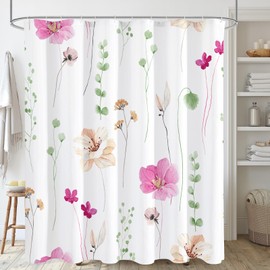 Gibelle Watercolor Floral Shower Curtain, Pink Beige Flower Shower Curtain for Bathroom, Modern Minimalist Waterproof Fabric Shower Curtain Set with Hooks 72x72 Inch