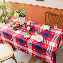 VEDACHIC 4th of July Red Blue Checkered Rectangle Tablecloth - 60" X 84" Oblong Polyester Patriotic Gingham Plaid Star Table Cover Reusable Water Resistant Independence Day Table Decoration