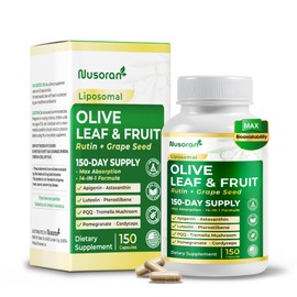 NUSORAN Premium Olive Leaf & Fruit - 13-in-1 with Rutin, Grape Seed, Astaxanthin, PQQ - Max Absorption - 150 Capsules - Made in The USA - Non-GMO, Gluten-Free, Lab Tested