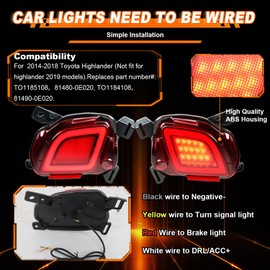 Vektoris LED Rear Bumper Reflector Light Brake Lamp for Toyota Highlander 2014-2018 models, 3 in 1 Red Lens Tail Lights with DRL/Brake Light/Turn Signal Lamp, 2Pcs Fog Driving Lamps (LH+RH)