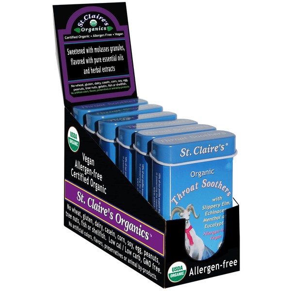 St. Claire's Organics Throat Soothers, (1.5 Ounce Tin, Pack of 6) | Gluten-Free, Vegan, GMO-Free, Plant-Based, Allergen-Free | Made in The USA in a Dedicated Allergen-Free Facility