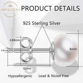 Impalsory Handmade Freshwater Real Pearl Stud Earrings, Sterling Silver White Button AAAA+ Quality Pearl Earrings for Women 8-8.5MM