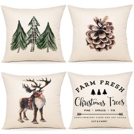 ZWJD Christmas Cushion Cover, 45 x 45 cm, Set of 4 Cushion Covers, Decorative Linen Cushion Covers for Christmas, Sofa, Bedroom, Couch, Cushion Cover, 45 x 45 cm