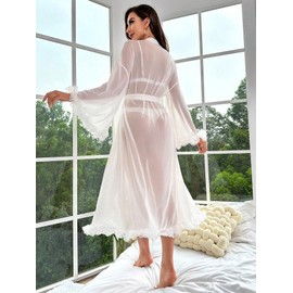OYOANGLE Women's Mesh Sheer Ruffle Trim Long Sleeve Belted See Through Robes Bride Kimono Exotic Sleepwear White Medium