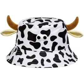 XIUYEQIU Cow Bucket Hat with Cute Horn Ears Cow Print Summer Hat Fisherman's Hat Print Sun Cap for Women with Uv Protection (Cow Black)