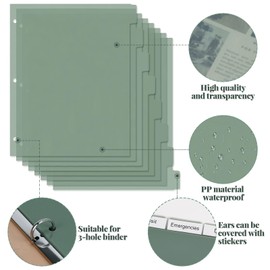 Buqoo 3 Ring Binder Dividers with Tabs, A4 Green 3 Holes 8.4¡Á10.9 Inches Binder Dividers Plastic Index Page Dividers with 8 Tabs for Notebook Dividers for Journal Planner 8 Sheets Per Set