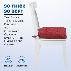 SQUARE MOON D-Shaped 3" Thick Chair Cushions, Chair Pads for Dining Chairs and Kitchen Chairs, Indoor Dining Room Seat Cushions with Ties, Machine Washable, 17" x 16" x 3", 4/Pack, Wine Red