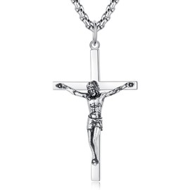 FANCIME Crucifix Cross Necklace Polished Crucifix Necklace Sterling Silver Fine Jewelry Gifts for Him Men Boys, Strong Stainless Steel Box Chain Length 24 Inch