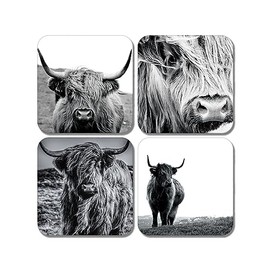 4 x Square Highland Cow Coasters - Animals Black & White Art Drink Living Room Bedroom Coaster Kitchen New House Warming #80858