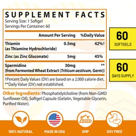 30mg Spermidine Supplement, Liposomal Spermidine, High Absorption, More Potent Than Spermidine 3HCL, Fermented Wheat Germ Extract, Spermidine for Women & Men, Cellular Renewal, Longevity, 60 Softgels