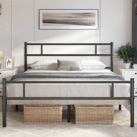 VECELO Metal Platform Bed Frame Queen Size with Headboard and Footboard, 12'' Under-Bed Storage & Strong Slats Support, No Box Spring Needed, Dark Black
