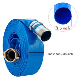 D-WEIXIN 1.5" ID x 100 ft PVC Lay Flat Discharge Hose with NPT Pin Lug & KC Nipple Fittings, Heavy Duty Reinforced Blue Backwash Pump Hoses for Swimming Drain Pools and Clean Filters