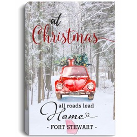 Christmas Canvas Wall Art 16"x24" For Home Decor Fort Stewart Georgia GA State - At Christmas All Roads Lead Home With Merry Christmas Red Truck And Snow Decorated Tree