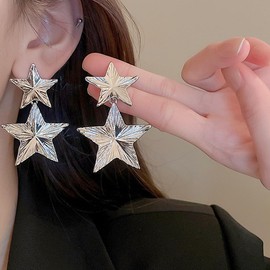 14k Gold Double Star Dangle Earrings for Women Bohemian Vintage Layered Star Drop Statement Earrings Fashion Lucky Star Earrings Charm Jewelry Gifts (Silver)