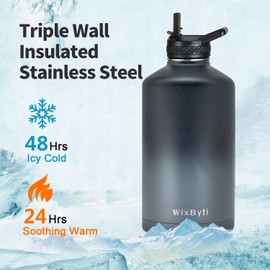 WixByti One Gallon Water Bottle Insulated with DIY Stickers, Triple Wall Vacuum Cold for 48 Hrs Leak-proof Non-BPA, 128oz Large Sports Stainless Steel Water Jug with Paracord Handle Straw Spout Lids