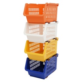 4 Pack Stacking Storage Baskets, Open Front for Pantry Organizers and Storage, Plastic Stackable Storage Bins, Dorm Room Essentials, Pantry Storage for Food, Kitchen and Home Organization (Multi - 2)