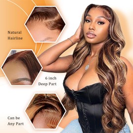 13x6 Honey Blonde Body Wave Lace Front Wigs Human Hair Pre Plucked 200% Density 4/27 Ombre Frontal Wigs HD Lace Front Wig Glueless Highlight Wigs for Black Women Human Hair Bleached Knots 30 inch