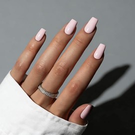 SXVME Uñas postizas acrílicas naturales, cuadradas, cortas y medianas, color rosa pastel, con pegamento para mujer, uñas postizas de gel suave y brill