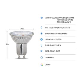 Feit Electric MR16 LED Reflector Light Bulb, 75W Equivalent, Dimmable, GU10 Base, 90+ CRI, 600 Lumen, Adjustable Color Temperature Track Lighting, 25,000-Hour Lifespan, BPMR16GU10753CCTCA/3, 3-Pack