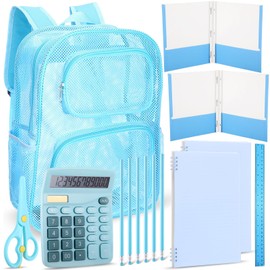 Yeyeplum 13 Piece Back to School Supply Kit 17" Mesh Backpack, Notebooks, Folders & Calculator for Kid Student Classroom(Blue)