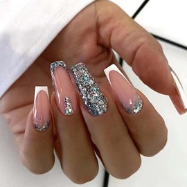 ANDGING Press on Nails Medium Long Coffin, French Tip Fake Nails for Women with Silver White Bling Glitter Rhinestone Design, Acrylic Glue on Nails False Nails, Stick on Nails for Wedding Birthday