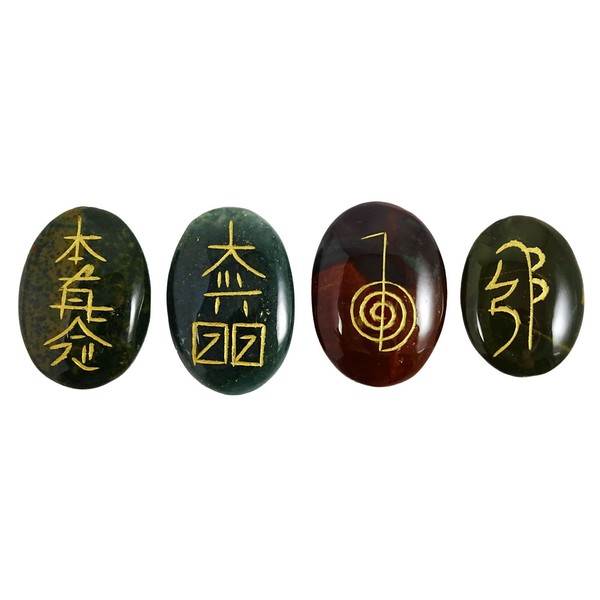 HARMONIZE Blood Stone Set of 4 Chakra Symbol Spiritual Gift Dowsing Reiki Healing Stones