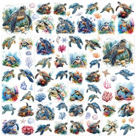 AHANDMAKER 12 Sheets Sea Turtle Rub On Transfer Stickers, Ocean Themed Window Decoration Featuring Turtles Coral, 12 Unique Designs for Turtle Lovers Creative Aquarium Decor, 5.5 x 5.5 Inches