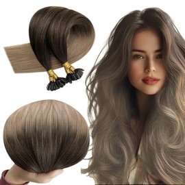 RUNATURE 18 Inch Ktip Human Hair Extensions Dark Brown Fading to Medium Brown with Ash Blonde Keratin Hair Extensions Remy Hot Fusion U Tip Hair Extensions Human Hair Full Ends 50g 50s