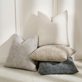 Volcanics Boho Throw Pillow Covers 18x18 Inch Set of 4, Neutral Chenille Decorative Cushion Covers for Couch, Sofa, Bedroom, Living Room, Farmhouse & Mid-Century Modern Home Decor