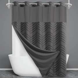 WONICY Extra Long No Hook Shower Curtain with Snap in Liner, Tufted Chevron Striped Shower Curtain Set for Bathroom, Boho Waterproof and Washable Shower Curtains, 71Wx86H, Charcoal Grey