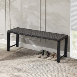 Outdoor Rattan Backless Bench, 46" Patio Garden Bench for Outdoor with Metal Frame, Weatherproof Hand-Woven Wicker Bench for Porch, Backyard, or Front Yard, Black