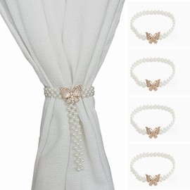 4-Pack White Beads Elastic Curtain Tiebacks (Butterfly Golden Buckle) Home Office Decorative Drapery Holdbacks…