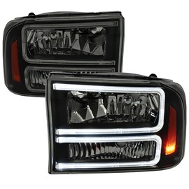 Euro Factory Style Headlights with Dual LED C-Bar (Black Housing/Smoke Lens) Made for and Compatible with 1999-2004 Ford F-250/F-350/F-450/F-550/2000-2004 Excursion